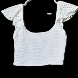 H&M White Eyelet Flutter-Sleeve Crop Top